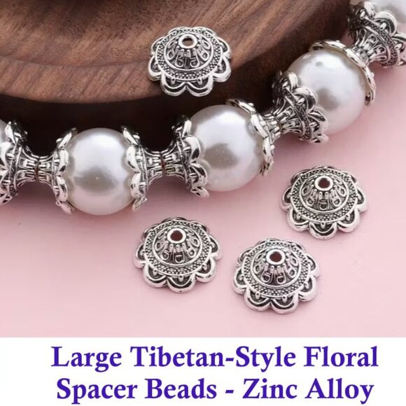 Large Tibetan-Style Floral Spacer Beads - Zinc Alloy  10 Spacers - Picture 1 of 3